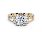 Paired Accent Engagement Ring Setting for Round Cut Center with Pave Band and Prong Head in Yellow Gold