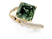 Solitaire Engagement Ring Setting for Fancy Green Asscher Cut Center with Pave Bypass Swirl Band and Prong Head in Yellow Gold