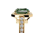 Bezel-Framed Halo Engagement Ring Setting for Fancy Green Asscher Cut Center with Pave Band and Prong Head in Yellow Gold