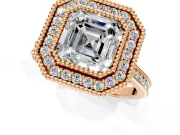 Halo Engagement Ring Setting for Asscher Cut Center with Milgrain Frame, Pave Band and Prong Head in Rose Gold