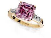 3 Stone Engagement Ring Setting for Fancy Pink Asscher Cut Center with Tapered Baguettes, Plain Band and Prong Head in Yellow Gold
