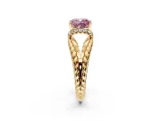 Halo Engagement Ring Setting for Fancy Pink Cushion Cut Center with Rope Twist Split Shank and Prong Head in Yellow Gold