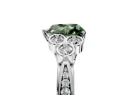Cluster Engagement Ring Setting for Fancy Green Heart-Shaped Center with Bezel Accent Clusters and Prong Head in Platinum