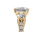 3 Stone Engagement Ring Setting for Radiant Cut Center with Crossover Basket, Pave Band and Prong Head in Yellow Gold