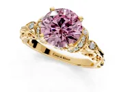 Solitaire Engagement Ring Setting for Fancy Pink Round Cut Center with Filigree Band and Prong Head in Yellow Gold