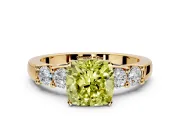 5 Stone Engagement Ring Setting for Fancy Yellow Cushion Cut Center with Plain Band and Prong Head in Yellow Gold