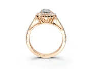 Double Halo Engagement Ring Setting for Emerald Cut Center with Narrow Pave Split Shank and Prong Head in Rose Gold