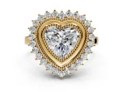 Halo Engagement Ring Setting for Heart-Shaped Center with Milgrain Bezel Rim, Plain Band and Prong Head in Yellow Gold