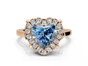 Single Halo Engagement Ring Setting for Fancy Blue Heart-Shaped Center with Corner Claws, Plain Band and Prong Head in Rose Gold