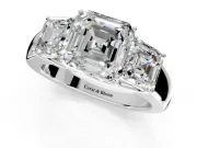 3 Stone Engagement Ring Setting for Asscher Cut Center with Raised Basket Heads and Prong Head in Platinum