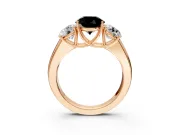 3 Stone Engagement Ring Setting for Fancy Black Round Cut Center with Raised Basket Heads and Prong Head in Rose Gold