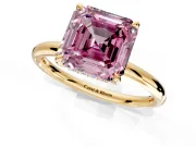 Hidden Halo Engagement Ring Setting for Fancy Pink Asscher Cut Center with Thin Rounded Band and Prong Head in Yellow Gold