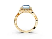 Halo Engagement Ring Setting for Fancy Blue Asscher Cut Center with Leaf Motif Split Shank and Prong Head in Yellow Gold