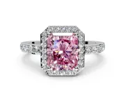 Halo Engagement Ring Setting for Fancy Pink Radiant Cut Center with Heart-Shaped Openwork, Pave Band and Prong Head in Platinum