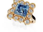Cluster Halo Engagement Ring Setting for Fancy Blue Princess Cut Center with Milgrain Bezel Accents and Prong Head in Yellow Gold