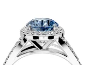 Halo Engagement Ring Setting for Fancy Blue Round Cut Center with Narrow Pave Split Shank and Prong Head in Platinum