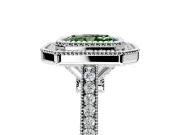 Halo Engagement Ring Setting for Fancy Green Radiant Cut Center with Milgrain Frame, Pave Band and Prong Head in White Gold