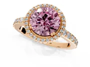 Halo Engagement Ring Setting for Fancy Pink Round Cut Center with Inner Milgrain Border and Prong Head in Rose Gold