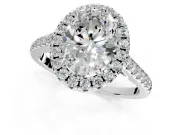 Halo Engagement Ring Setting for Oval Center with Raised Halo, Pave Band and Prong Head in Platinum