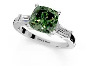 3 Stone Engagement Ring Setting for Fancy Green Cushion Cut Center with Channel Baguette Accents and Prong Head in White Gold
