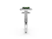 Milgrain Halo Engagement Ring Setting for Fancy Green Emerald Cut Center with Three-Sided Pave Band and Prong Head in Platinum