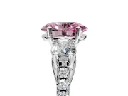 3 Stone Engagement Ring Setting for Fancy Pink Oval Center with Crossover Basket, Pave Band and Prong Head in Sterling Silver