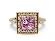 Milgrain Halo Engagement Ring Setting for Fancy Pink Princess Cut Center with Three-Sided Pave Band and Prong Head in Yellow Gold