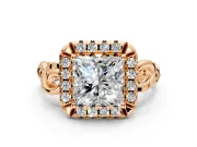 Halo Engagement Ring Setting for Princess Cut Center with Open Scroll Shoulders and Prong Head in Rose Gold