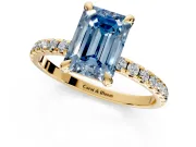 Solitaire Engagement Ring Setting for Fancy Blue Emerald Cut Center with Fine Pave Narrow Band and Prong Head in Yellow Gold