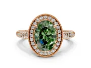 Milgrain Halo Engagement Ring Setting for Fancy Green Oval Center with Three-Sided Pave Band and Prong Head in Rose Gold