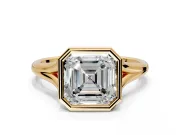 Solitaire Engagement Ring Setting for Asscher Cut Center with V Split Shank and Bezel Head in Yellow Gold