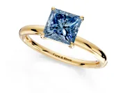 Low-Set Solitaire Engagement Ring Setting for Fancy Blue Princess Cut Center with Thin Plain Band and Prong Head in Yellow Gold