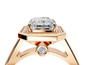 Halo Engagement Ring Setting for Emerald Cut Center with Outer Bezel Rim, Pave Band and Prong Head in Rose Gold