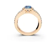 Halo Engagement Ring Setting for Fancy Blue Cushion Cut Center with Wide-Open Pave Split Shank and Prong Head in Rose Gold