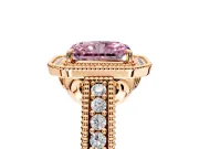 Milgrain Halo Engagement Ring Setting for Fancy Pink Radiant Cut Center with Pave Band and Prong Head in Rose Gold