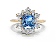 Small-Accent Cluster Halo Engagement Ring Setting for Fancy Blue Radiant Cut Center with Plain Band and Prong Head in Yellow Gold