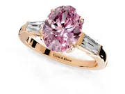 3 Stone Engagement Ring Setting for Fancy Pink Oval Center with Baguette Accents and Prong Head in Rose Gold
