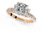 Paired Accent Engagement Ring Setting for Cushion Cut Center with Pave Band and Prong Head in Rose Gold