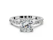 Baguette Engagement Ring Setting for Cushion Cut Center with Alternating Bar-Set Band and Prong Head in White Gold
