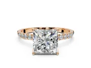 Solitaire Engagement Ring Setting for Princess Cut Center with Fine Pave Accents and Prong Head in Rose Gold