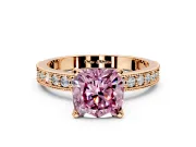 Milgrain Pave Engagement Ring Setting for Fancy Pink Cushion Cut Center with Accent Band and Prong Head in Rose Gold