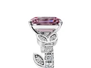Leaf Motif Engagement Ring Setting for Fancy Pink Emerald Cut Center with Pave Band and Prong Head in Platinum