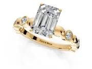 Solitaire Engagement Ring Setting for Emerald Cut Center with Beaded Bezel Station Band and Prong Head in Yellow Gold