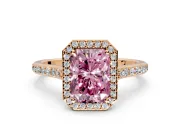 Halo Engagement Ring Setting for Fancy Pink Radiant Cut Center with Pave Accents, Heart Basket and Prong Head in Rose Gold