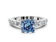 Shared-Prong Engagement Ring Setting for Fancy Blue Cushion Cut Center with Graduated Accents and Prong Head in Platinum
