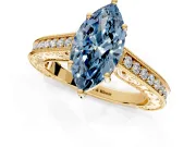 Solitaire Engagement Ring Setting for Fancy Blue Marquise Center with Engraved Pave Band and Prong Head in Yellow Gold