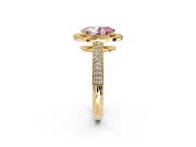 Milgrain Halo Engagement Ring Setting for Fancy Pink Oval Center with Three-Sided Pave Band and Prong Head in Yellow Gold