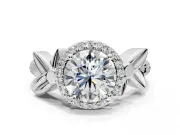Halo Engagement Ring Setting for Round Cut Center with Floral Band and Prong Head in Platinum