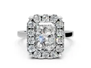 Single Halo Engagement Ring Setting for Radiant Cut Center with Corner Claws, Plain Band and Prong Head in Sterling Silver