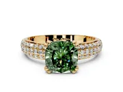 Solitaire Engagement Ring Setting for Fancy Green Cushion Cut Center with Multi-Row Pave Accents and Basket Head in Yellow Gold